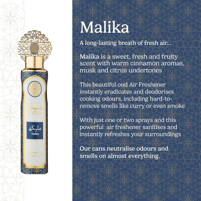 Safaa 4 Pack Exclusive Bundle - Amal, Emaan, Malika, Oud Luxury Air Freshener Cans - For Home & Vehicles – Natural Oils, Lasting Smell Spray – Deodorise & Neutralise Odours – 300ml