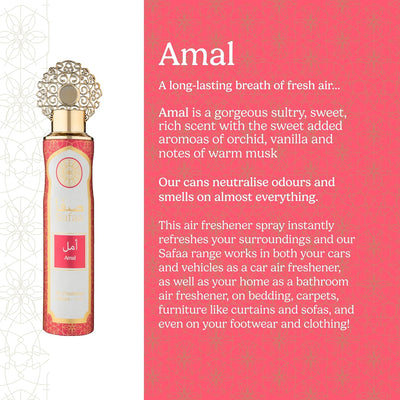 Safaa 4 Pack Exclusive Bundle - Amal, Emaan, Malika, Oud Luxury Air Freshener Cans - For Home & Vehicles – Natural Oils, Lasting Smell Spray – Deodorise & Neutralise Odours – 300ml