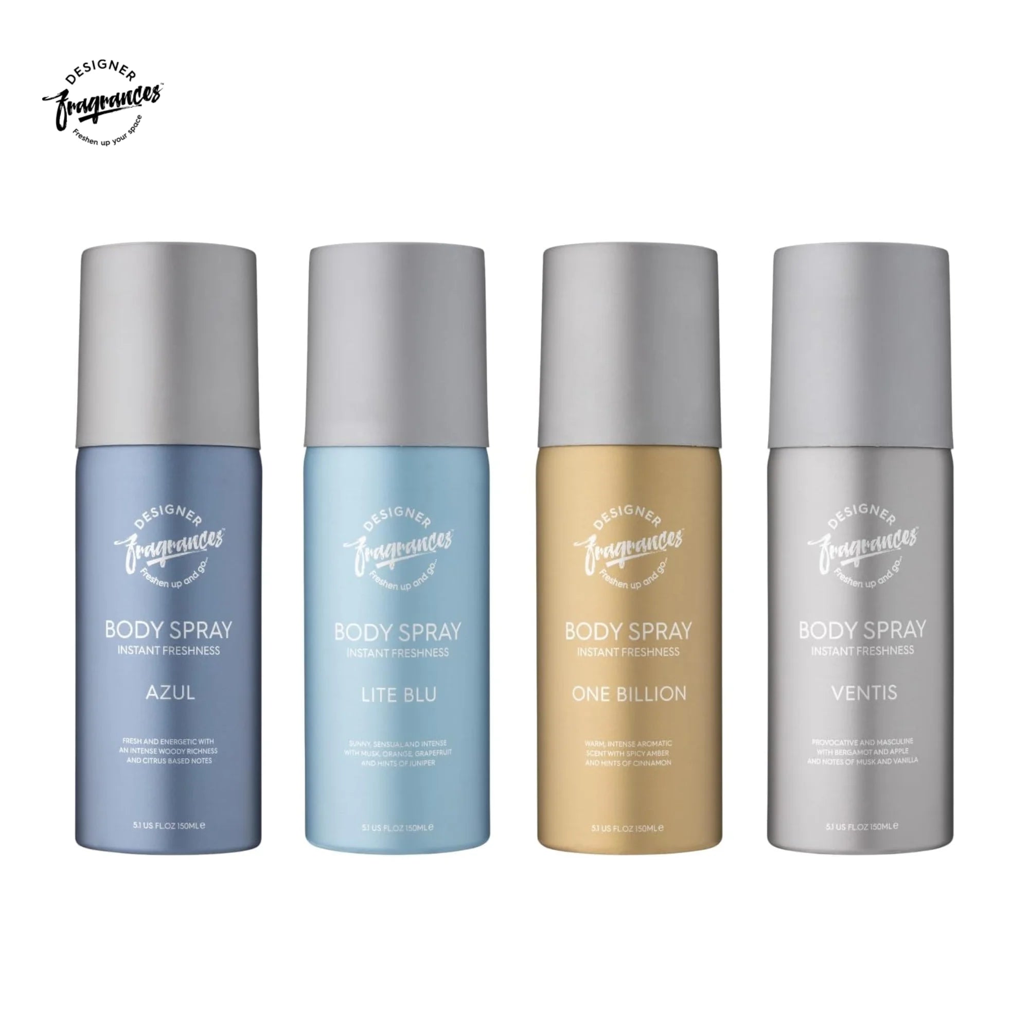Designer Fragrances Men’s Body Spray Deodorant 4 Pack Bundle 150ml | Azul, Lite Blu, One Billion, Ventus