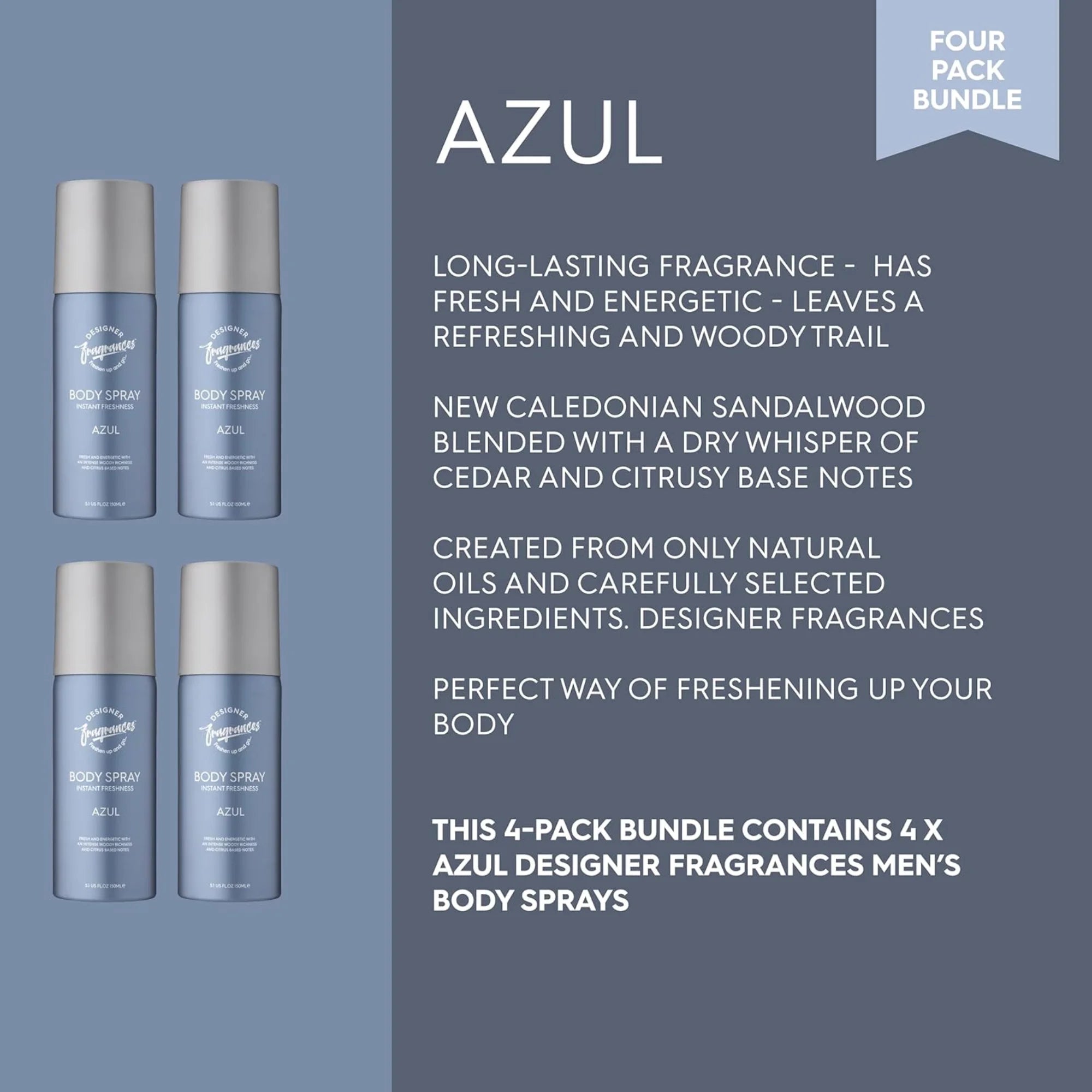 Designer Fragrances Men’s Body Spray Deodorant 4 Pack Bundle 150ml | Azul, Lite Blu, One Billion, Ventus