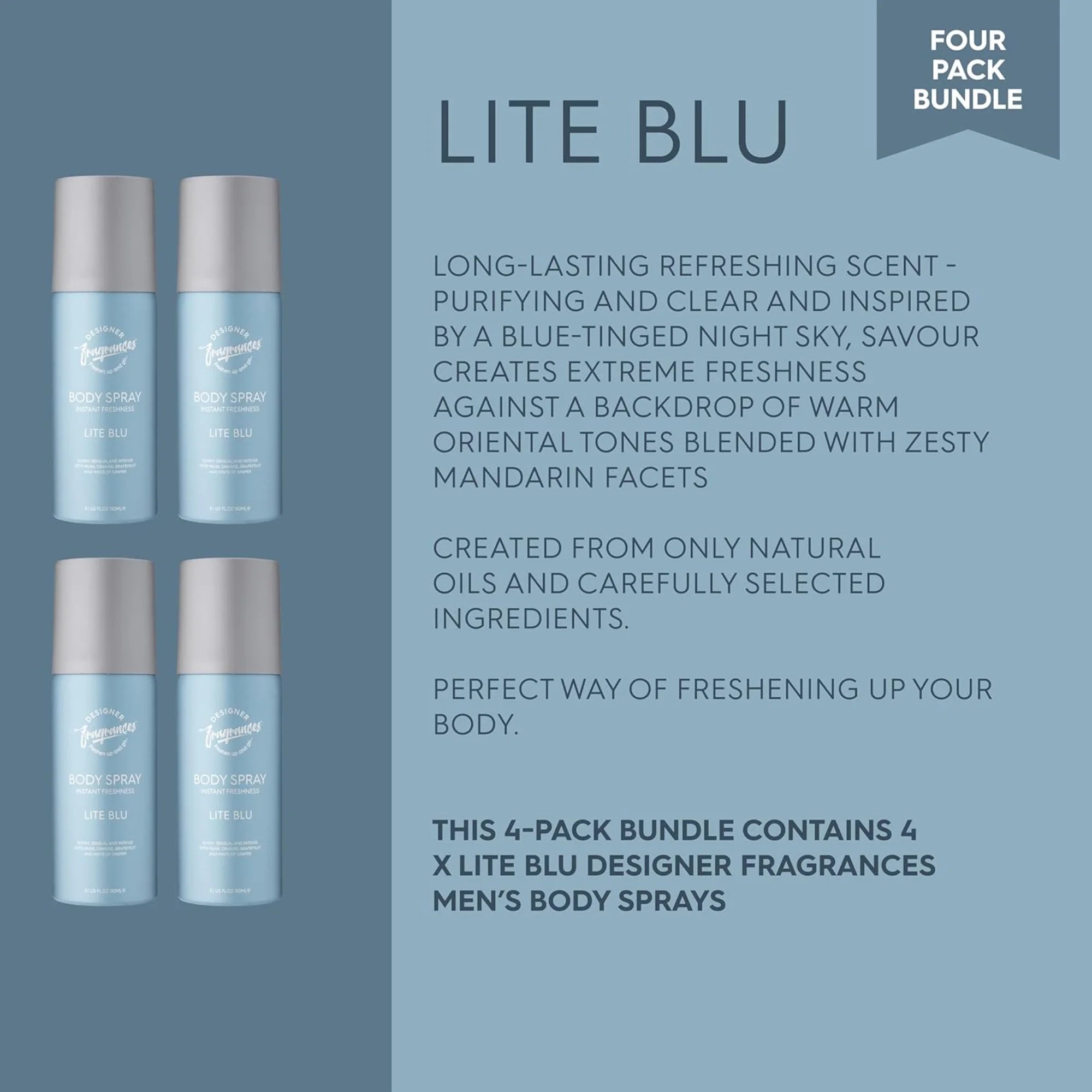 Designer Fragrances Men’s Body Spray Deodorant 4 Pack Bundle 150ml | Azul, Lite Blu, One Billion, Ventus
