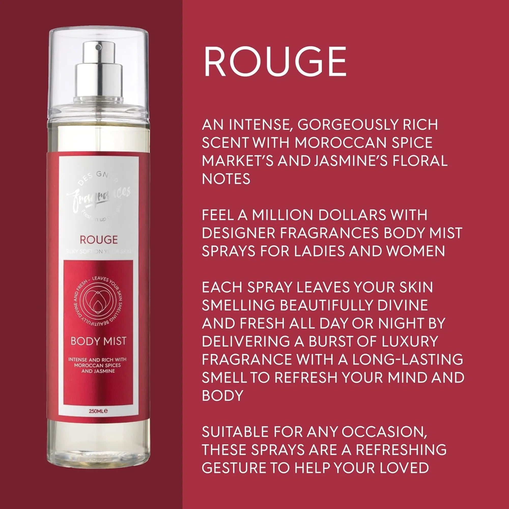 Designer Fragrances Rouge Women’s Body Mist Spray Bundle 3 Pack 250ml | Hydrating Fresh Mist