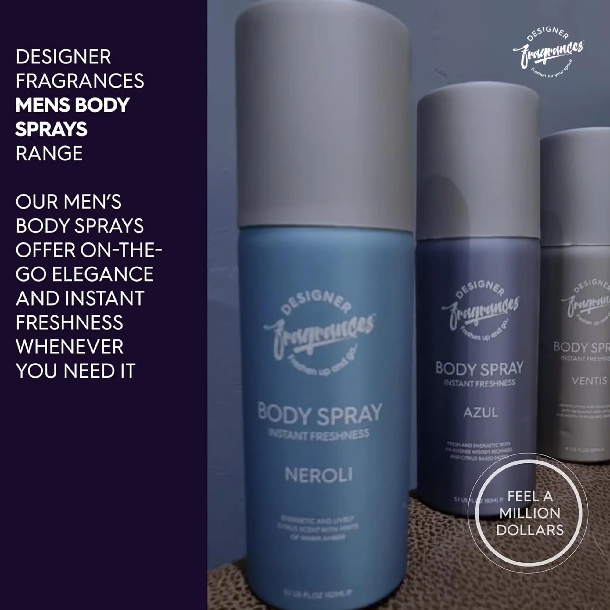 Designer Fragrances Men’s Body Spray Deodorant 4 Pack Bundle 150ml | Azul, Lite Blu, One Billion, Ventus