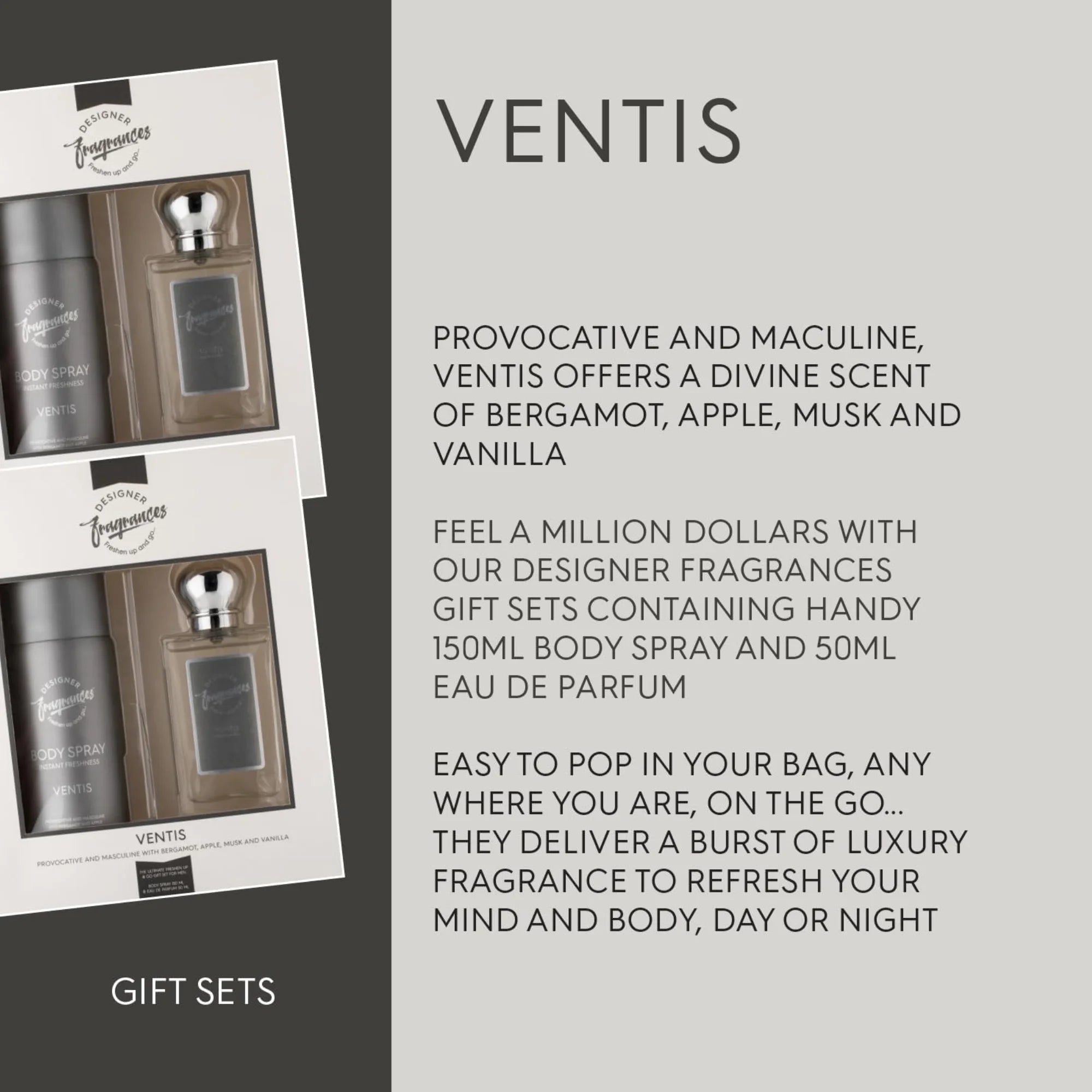 Designer Fragrances Ventus Men’s Gift Set | 150ml Body Spray + 50ml Eau De Parfum