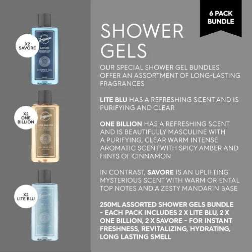 Men’s Shower Gel Bundle – 6 x 250ml (Lite Blu, Savore, One Billion)