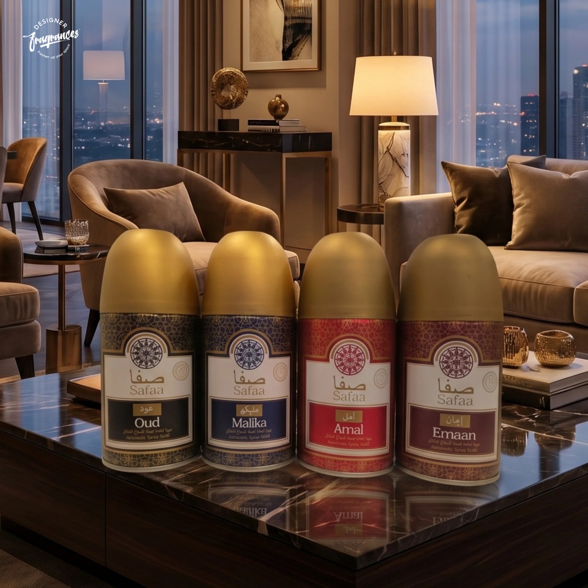 Safaa Mixed Automatic Room Spray Refill 4 Pack | Amal, Oud, Malika & Emaan | Universal Refills