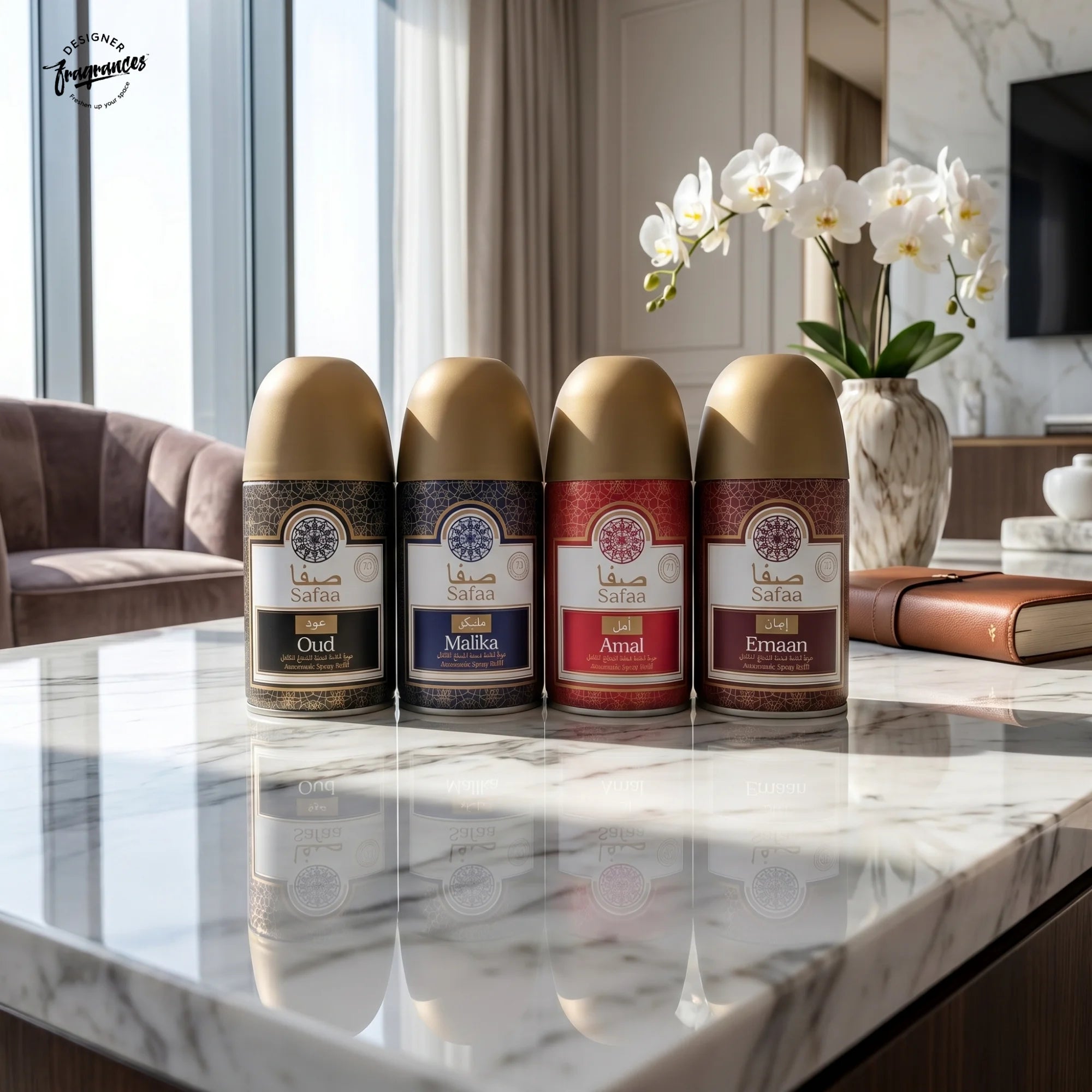 Safaa Mixed Automatic Room Spray Refill 4 Pack | Amal, Oud, Malika & Emaan | Universal Refills