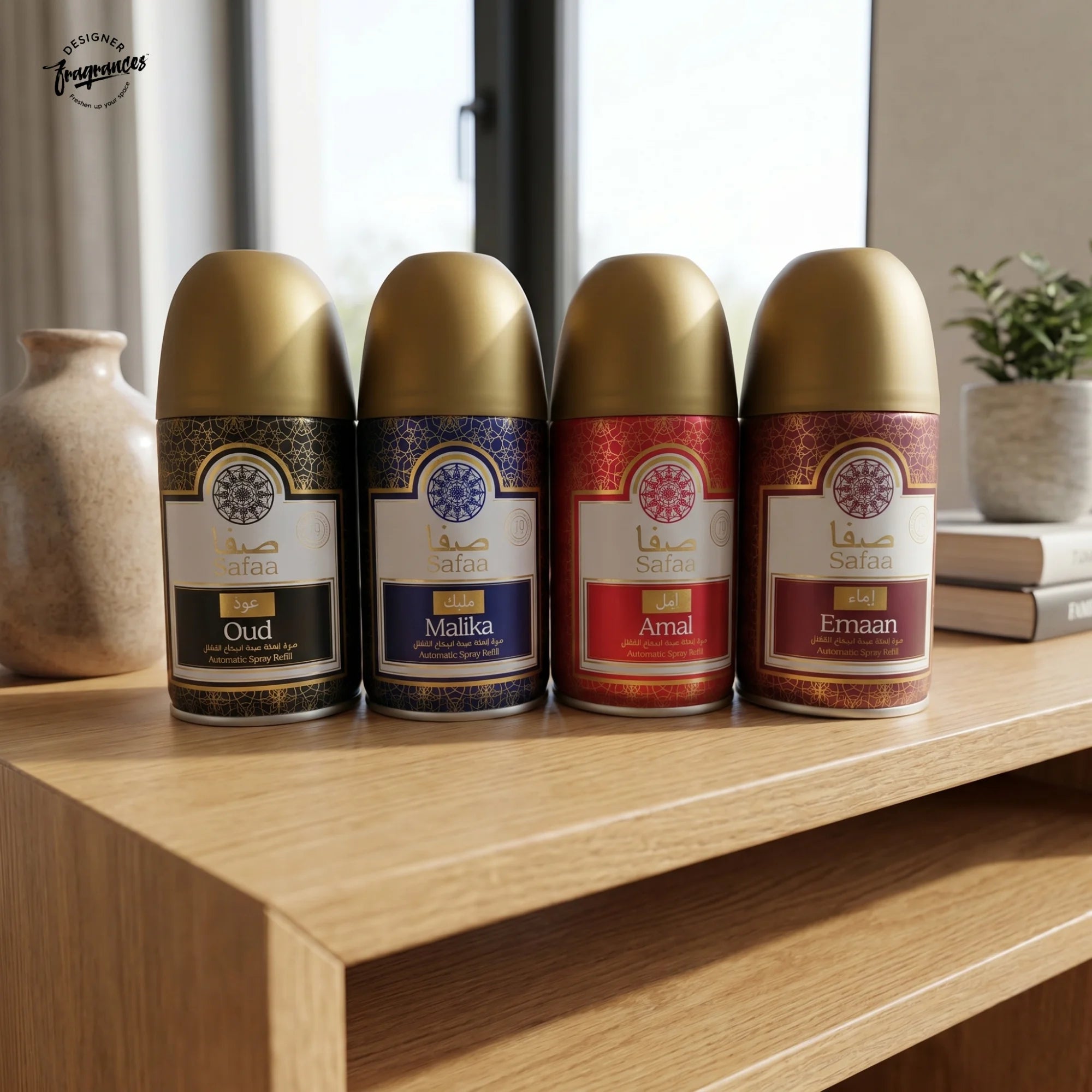 Safaa Mixed Automatic Room Spray Refill 4 Pack | Amal, Oud, Malika & Emaan | Universal Refills